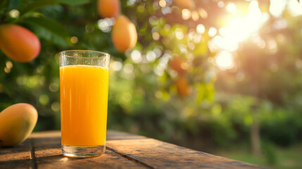 Wall Mural - Glass of fresh mango juice on a wooden table, mango grove in the background with ripe mangoes on the trees, bright and tropical 