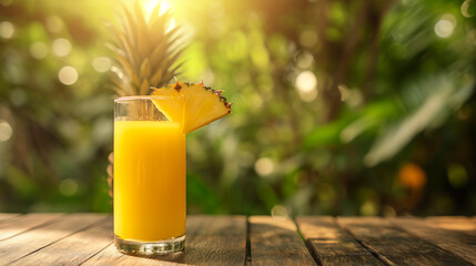 Sticker - Glass of fresh pineapple juice on a wooden table, pineapple plantation in the background, bright and sunny day, tropical and refreshing, empty space for text 