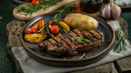 Wall Mural - Grilled T-bone steak on a plate, accompanied by grilled vegetables and a baked potato, appetizing and hearty meal, rustic presentation 