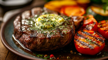 Wall Mural - Grilled steak on a plate, topped with melting herb butter, surrounded by grilled vegetables, vibrant and appetizing, warm and inviting lighting 