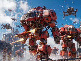 Sticker - A red robot is surrounded by other robots in a battle. The robots are shooting at each other and the scene is chaotic