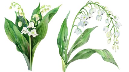 Wall Mural - Beautiful watercolor illustration of lily of the valley Convallaria flowers with green leaves, perfect for botanical art and floral designs.