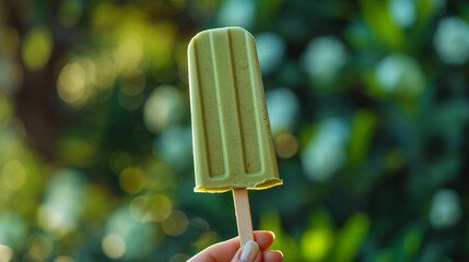 Poster - Hand holding a green tea popsicle ice cream stick, detailed texture, natural outdoor setting with greenery in the background 