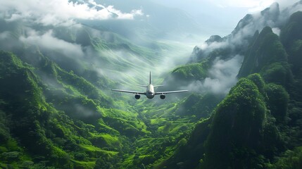 Sticker - A cargo plane descending into a lush, green valley