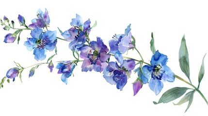 Wall Mural - Beautiful watercolor illustration of blue and purple delphinium flowers on a white background, perfect for floral-themed designs and artistic projects.