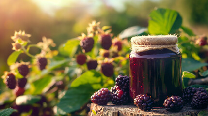 Sticker - Jar of fresh blackberry jam, dark purple hue, surrounded by ripe blackberries on the bush, sun-drenched plantation, rich and flavorful, empty space for text 