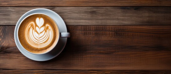 Wall Mural - A top down view of a cup of coffee placed on a wooden table with a textured background The image portrays a cafe concept with a hot morning drink a delightful breakfast aroma and a fresh latte contai