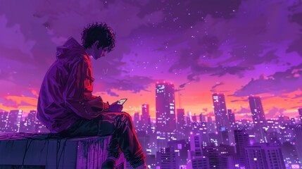 A man is sitting on a ledge looking at his phone. The city below him is lit up with neon lights, creating a moody and urban atmosphere