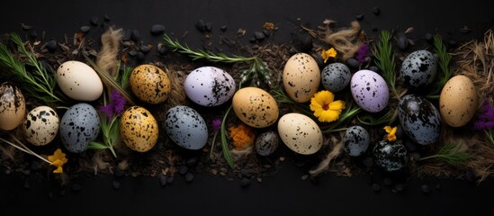 Wall Mural - The Easter arrangement is creatively composed of fresh chicken and quail eggs It features dried herbs scattered on a black background providing ample space for text or other elements The flat lay con