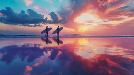 Wall Mural - A surfer carrying a surf board standing on tropical beach with sunset colorful sky