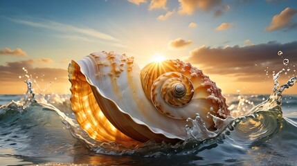 Close-up of a seashell on the seashore, waves, sunset