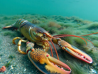 Wall Mural - A large lobster is seen in the water, with its claws extended. Concept of curiosity and wonder, as the lobster is a fascinating creature that many people find intriguing