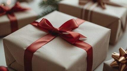 Clean and realistic Christmas gift exchange mockup with wrapped presents and ribbons on white background. Minimalistic design, Created with Generative AI.