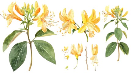 Wall Mural - Watercolor botanical illustration of yellow honeysuckle lonicera flowers with green leaves, showing various developmental stages.