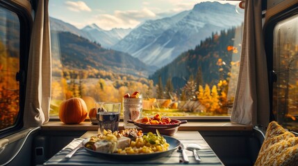 Wall Mural - Interior view from a camper van with luxury meal on table and outside beautiful view of Autumn foliage wilderness