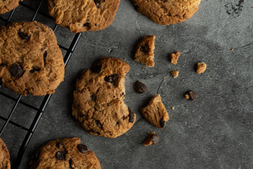 Freshly baked chocolate chip cookies.