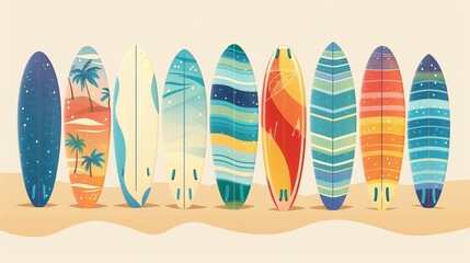 Wall Mural - Flat vector illustration of surfing board on tropical sandy beach