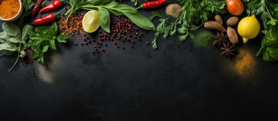 Poster - Selection of spices herbs and greens Ingredients for cooking Food background on black slate table Top view copy space