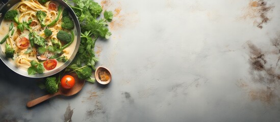 Poster - Pasta with green vegetables and creamy sauce in copper saucepan Grey stone background Top view. copy space available