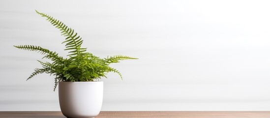 Wall Mural - Beautiful fern in pot on wooden table against white background. copy space available