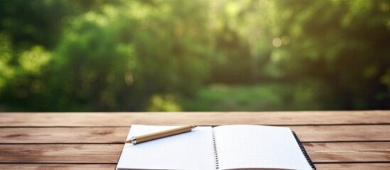 Leinwandbilder - Pen and open notepad with blank page on wood table. copy space available