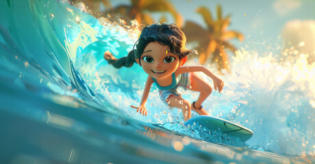 Wall Mural - Cartoon character of a surfer surfing with high tide with water splashes