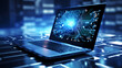 © bharath - A high-tech laptop with digital data displayed on the screen, representing advanced technology and connectivity.