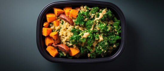 Poster - An overhead view of a lunch box bowl containing sauteed kale quinoa and roasted sweet potato with space for copy