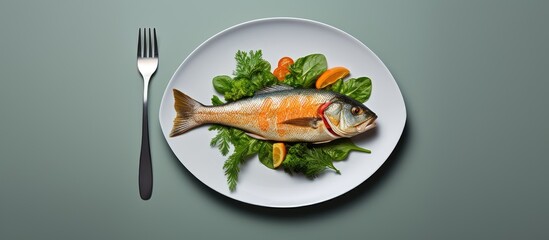 Leafy salad with red fried fish and orange on a white plate with a fork on a grey background Background image copy space