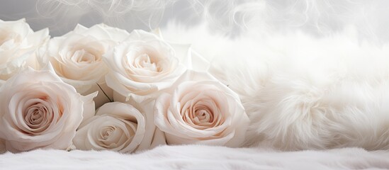 Aufkleber - An elegant copy space image featuring a white fur background adorned with beautiful rose flowers