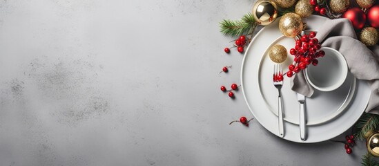 Poster - Christmas table setting with festive decorations on light grey background with copy space Holidays background Top view flat lay