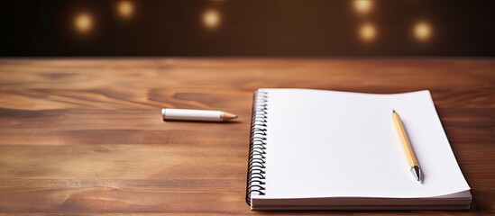 Leinwandbilder - Pen and open notepad with blank page on wood table. copy space available