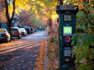 A parking meter with a green screen and a red number 3. The meter is located on a sidewalk next to a street with cars parked along the curb. The scene has a peaceful and quiet atmosphere