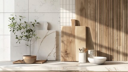 Wall Mural - A warm minimalism mood board displays marble slabs wooden planks cutting boards mosaic tiles plant leaves and sand colors representing a kitchen interior design concept rendered in