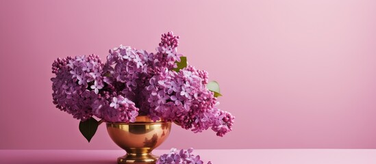 Poster - on a pink background a bronze vase in the form of a cone and in it a bouquet of lilac. copy space available