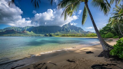 Wall Mural - A picturesque scene of a serene beach with clear blue water, white sand, and palm trees. Lush mountains rise in the distance, creating a breathtaking backdrop