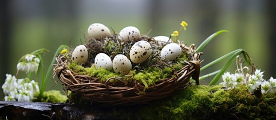 Aufkleber - Quail easter eggs in a basket on a natural green moss with snowdrop flowers on a tree stump Spring easter and healthy organic food concept Zero waste natural Easter decorations Copy space