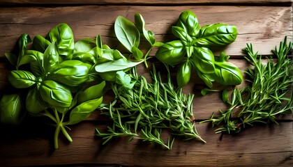 Wall Mural - Fresh culinary herbs basil rosemary thyme spread out on an aged oak wood table, Ai generated