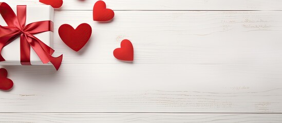Poster - Valentine or other holiday handmade present in paper with red hearts and gifts box in holiday wrapper Present box gift on white wooden table top view with copy space empty space for design