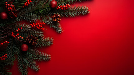 Close-Up of Christmas Tree Branches with Red Berries