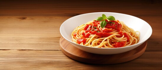 Poster - Spaghetti with tomato sauce in a white dish on wooden floor background and have copy space in concept of eating good food is health care