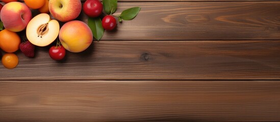 Poster - Natural peach juice and fresh fruits on wooden table flat lay Space for text. copy space available