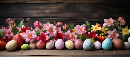 Aufkleber - Happy Easter Celebrate with a delightful display of Easter eggs adorned with blooming spring flowers set against a rustic wooden backdrop Ample space for your creativity