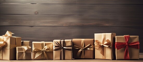 Wall Mural - Gift boxes on a wooden background toned photo. copy space available
