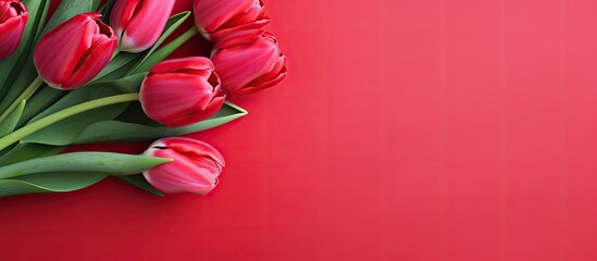 Poster - Banner with a bouquet of red tulips on red background Flat lay with flowers top view with copyspace International Women s Day Mother s Day concept Valentines spring background floral mock up
