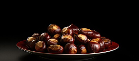 Poster - Plate with chestnuts on dark background. copy space available