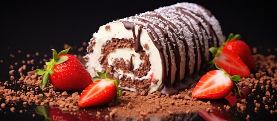 Poster - chocolate crumbs above roll cake with strawberies. copy space available