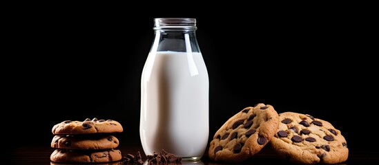 Poster - A dark background hosts two bottles of milk and chocolate chip cookies providing a perfect blank area for additional elements in the image