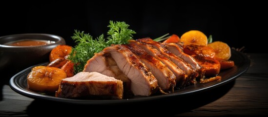 Poster - Roasted Pork Don On Rice In Black Plate On Wooden Table With Copy Space Background