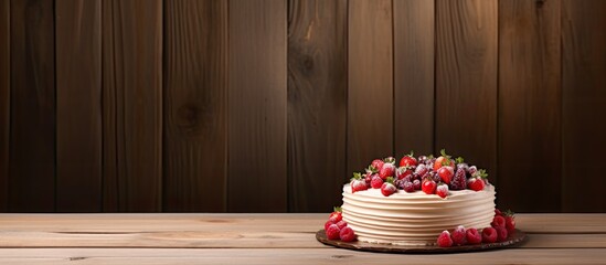 Poster - cake on wooden table background. copy space available